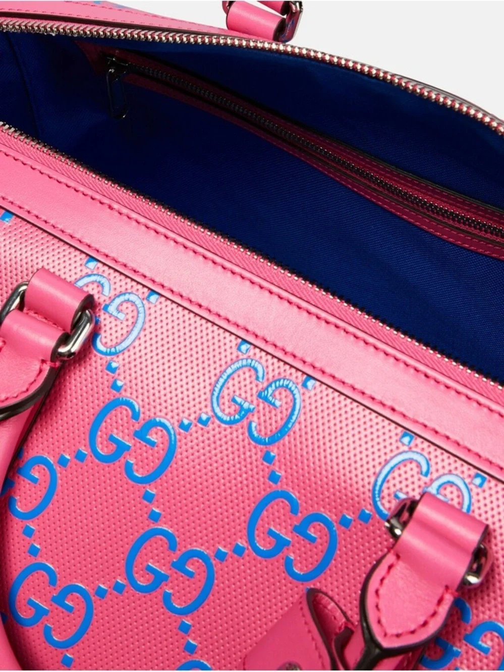Gucci embossed Pink and Blue GG Supreme Weekender Duffel Bag